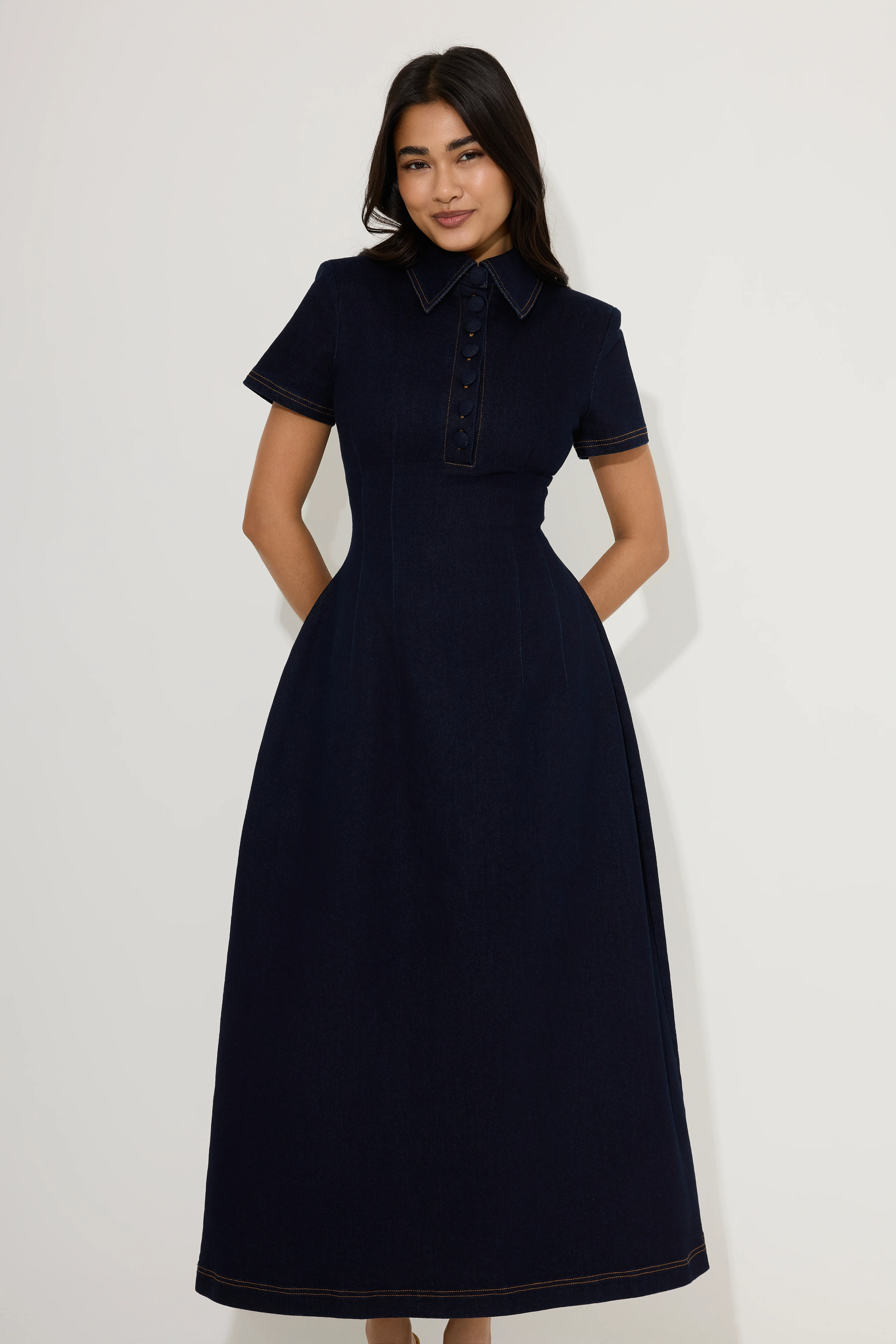 Cotton Mix Denim Collared Midi Dress - Image 3