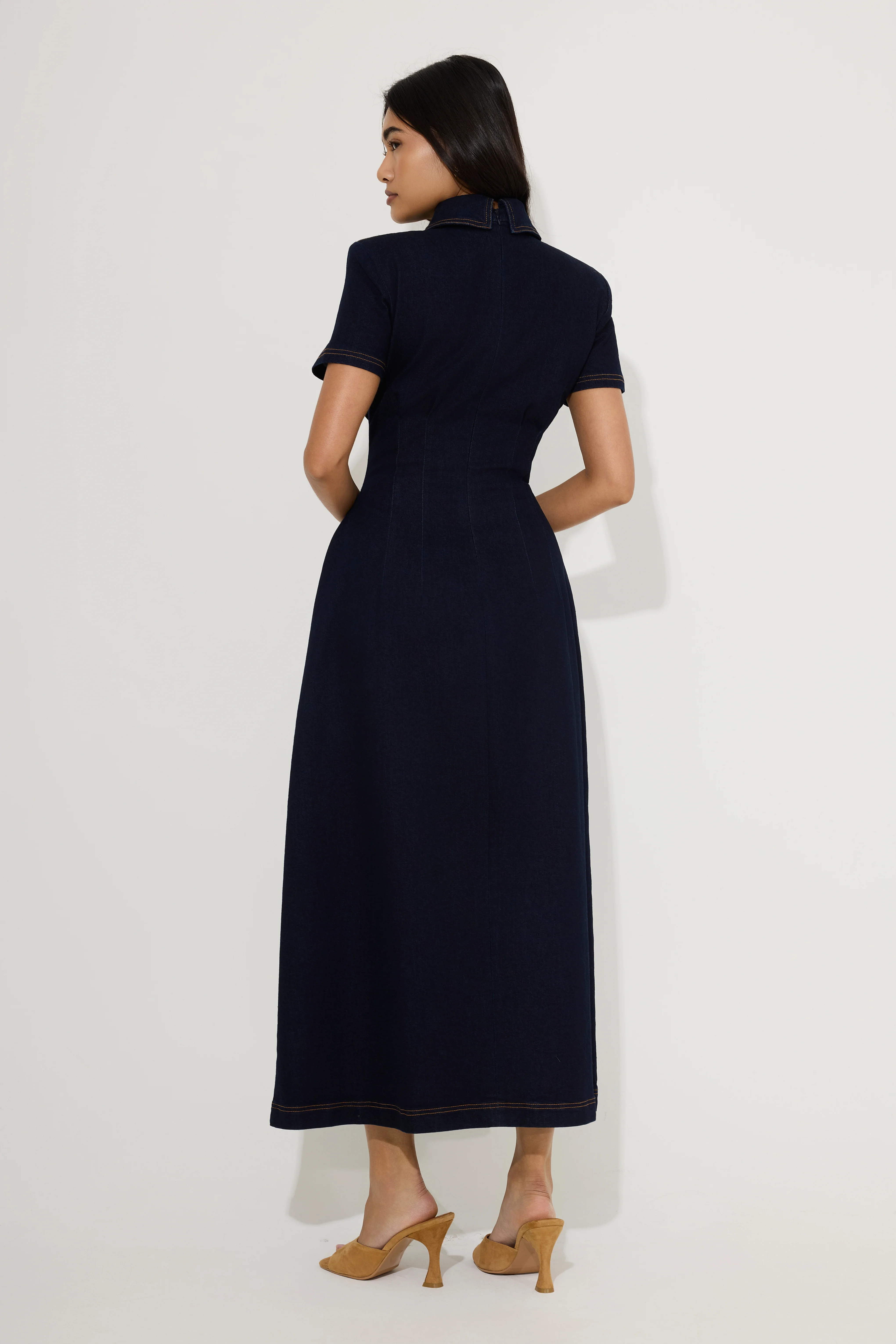 Cotton Mix Denim Collared Midi Dress - Image 4