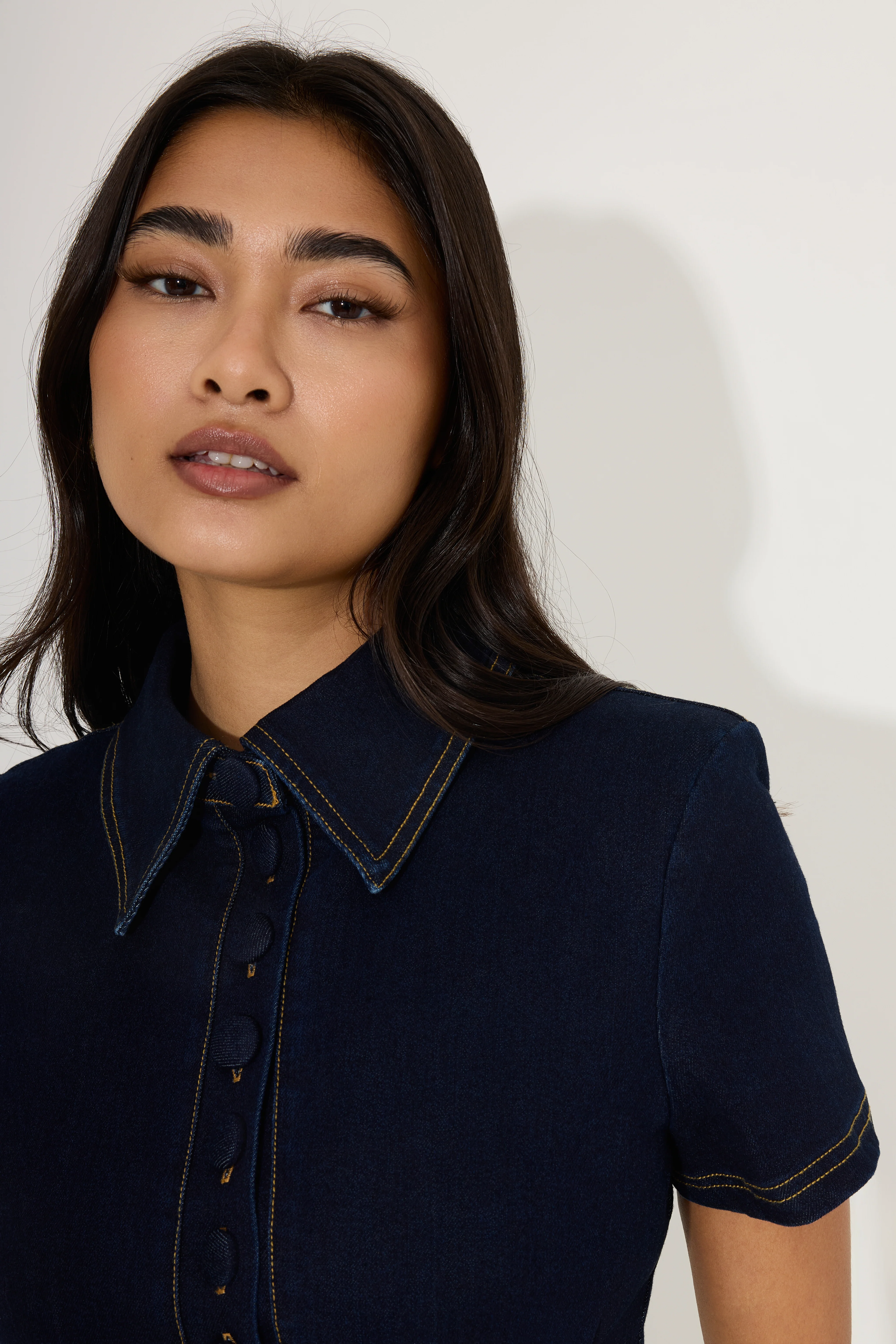 Cotton Mix Denim Collared Mini Dress - Image 3