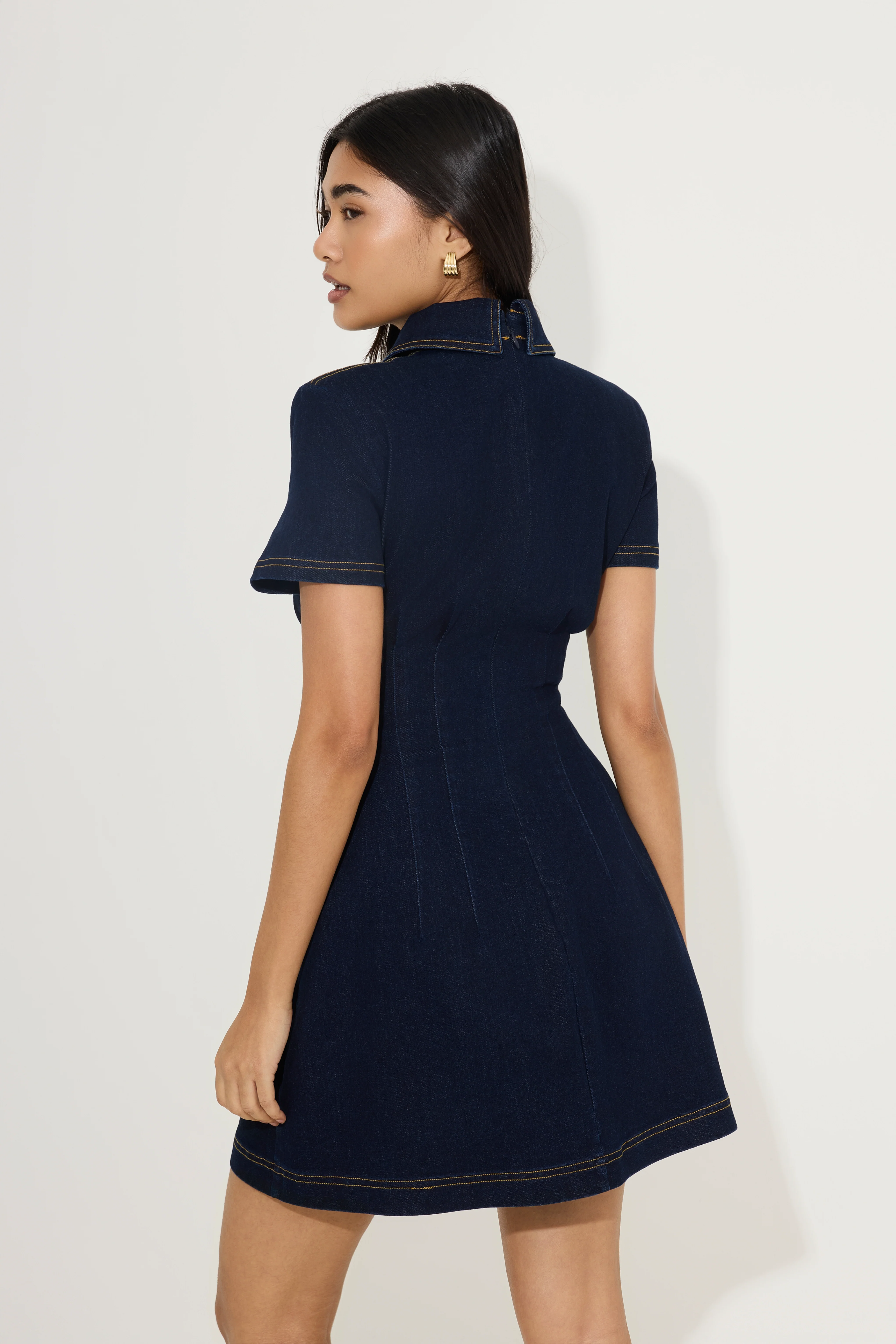 Cotton Mix Denim Collared Mini Dress - Image 4